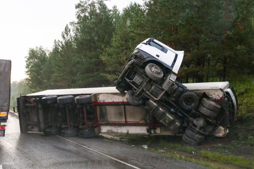 Truck accident due to slippery road